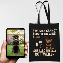 Load image into Gallery viewer, Personalized “A Woman Cannot Survive on Wine…” Custom Rottweiler Tote Bags-Accessories-Accessories,Bags,Dog Mom Gifts,Personalize Artwork,Rottweiler-1