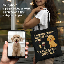 Load image into Gallery viewer, Personalized “A Woman Cannot Survive on Wine…” Custom Spanish Water Dog Tote Bags-Accessories-Accessories,Bags,Dog Mom Gifts,Personalize Artwork,Spanish Water Dog-5