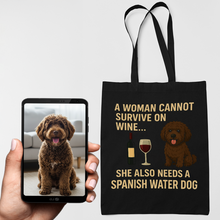 Load image into Gallery viewer, Personalized “A Woman Cannot Survive on Wine…” Custom Spanish Water Dog Tote Bags-Accessories-Accessories,Bags,Dog Mom Gifts,Personalize Artwork,Spanish Water Dog-1