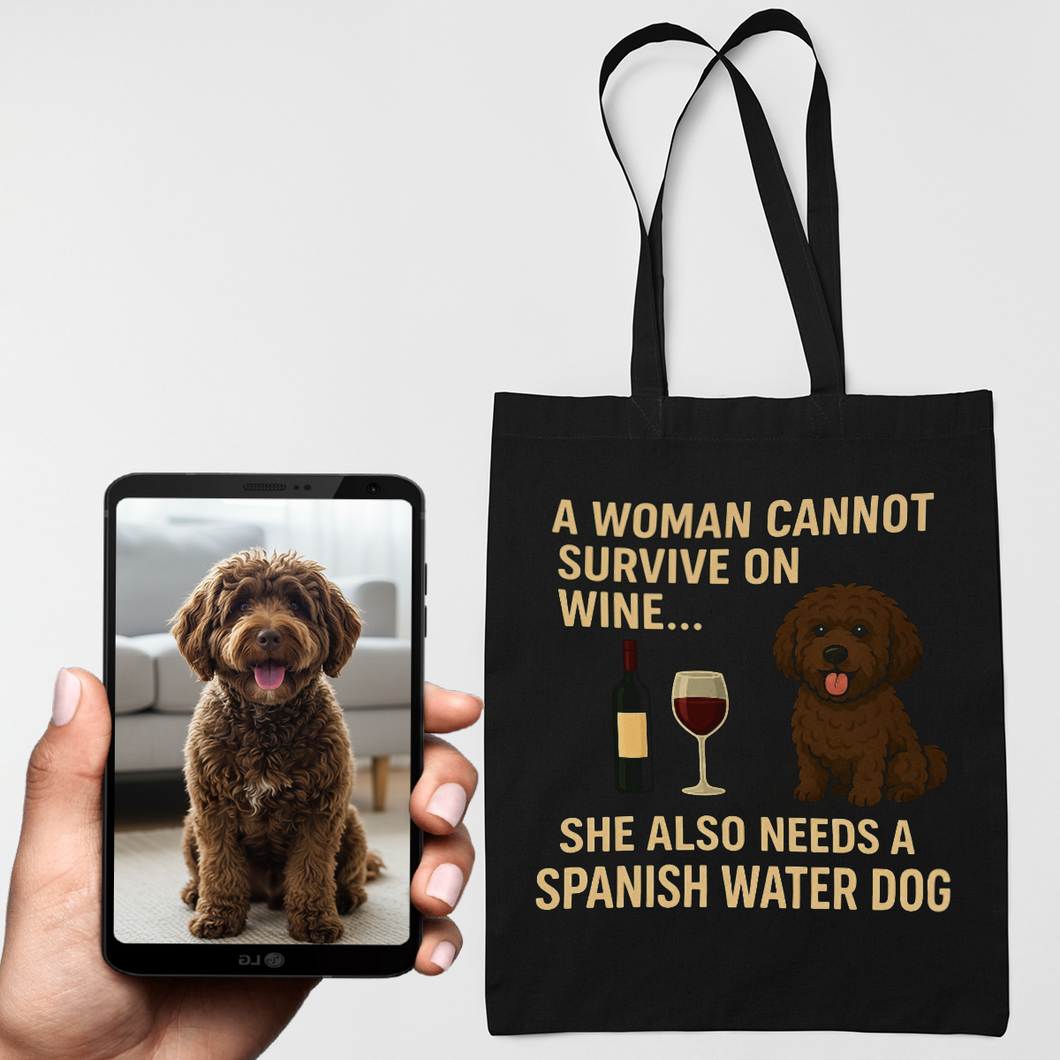 Personalized “A Woman Cannot Survive on Wine…” Custom Spanish Water Dog Tote Bags-Accessories-Accessories,Bags,Dog Mom Gifts,Personalize Artwork,Spanish Water Dog-1