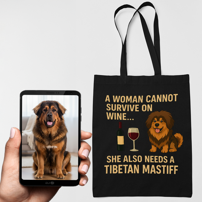 Personalized “A Woman Cannot Survive on Wine…” Custom Tibetan Mastiff Tote Bags-Accessories-Accessories,Bags,Dog Mom Gifts,Personalize Artwork,Tibetan Mastiff-1