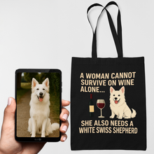 Load image into Gallery viewer, Personalized “A Woman Cannot Survive on Wine…” Custom White Swiss Shepherd Tote Bags-Accessories-Accessories,Bags,Dog Mom Gifts,Personalize Artwork,White Swiss Shepherd-1