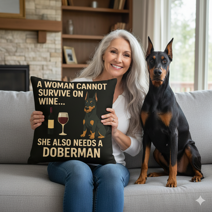 Personalized “A Woman Cannot Survive on Wine…” Doberman Pillowcase-Home Decor-Doberman,Dog Mom Gifts,Home Decor,Personalize Artwork,Pillows-1