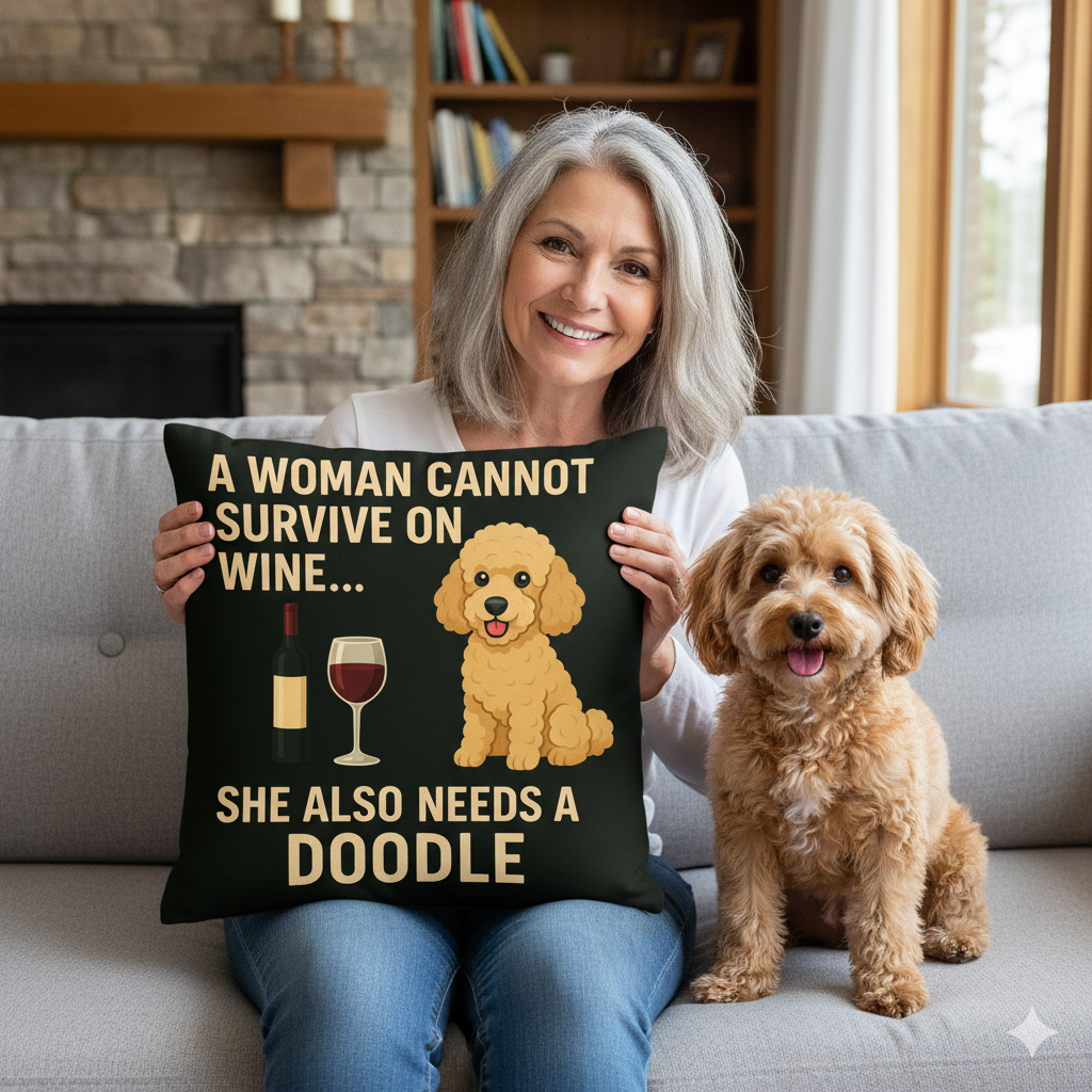 Personalized “A Woman Cannot Survive on Wine…” Doodle Pillowcase-Home Decor-Bernedoodle,Dog Mom Gifts,Doodle,Home Decor,Labradoodle,Personalize Artwork,Pillows,Toy Poodle-1
