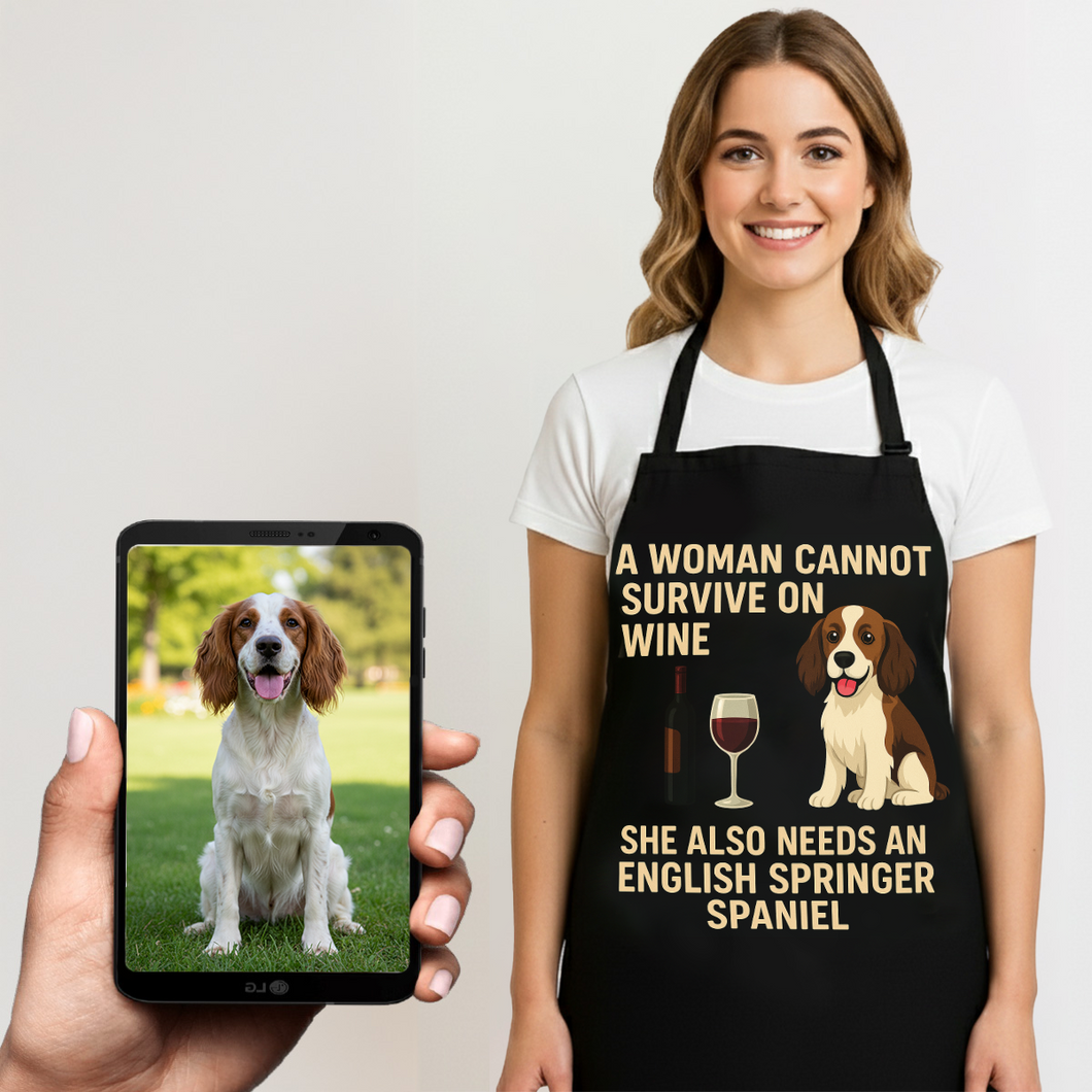 Personalized “A Woman Cannot Survive on Wine…” English Springer Spaniel Apron-Personalized Dog Gifts-Accessories,Apron,Dog Mom Gifts,English Springer Spaniel,Personalize Artwork-1