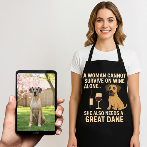 Personalized “A Woman Cannot Survive on Wine…” Great Dane Apron-Personalized Dog Gifts-Accessories,Apron,Dog Mom Gifts,Great Dane,Personalize Artwork-1