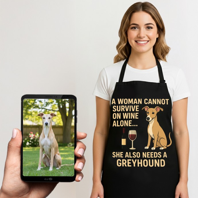 Personalized “A Woman Cannot Survive on Wine…” Greyhound Apron-Personalized Dog Gifts-Accessories,Apron,Dog Mom Gifts,Greyhound,Personalize Artwork-1