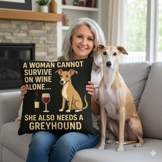 Personalized “A Woman Cannot Survive on Wine…” Greyhound Pillowcase-Home Decor-Dog Mom Gifts,Greyhound,Home Decor,Personalize Artwork,Pillows-1