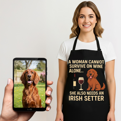 Personalized “A Woman Cannot Survive on Wine…” Irish Setter Apron-Personalized Dog Gifts-Accessories,Apron,Dog Mom Gifts,Irish Setter,Personalize Artwork-1