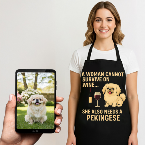 Personalized “A Woman Cannot Survive on Wine…” Pekingese Apron-Personalized Dog Gifts-Accessories,Apron,Dog Mom Gifts,Pekingese,Personalize Artwork-1