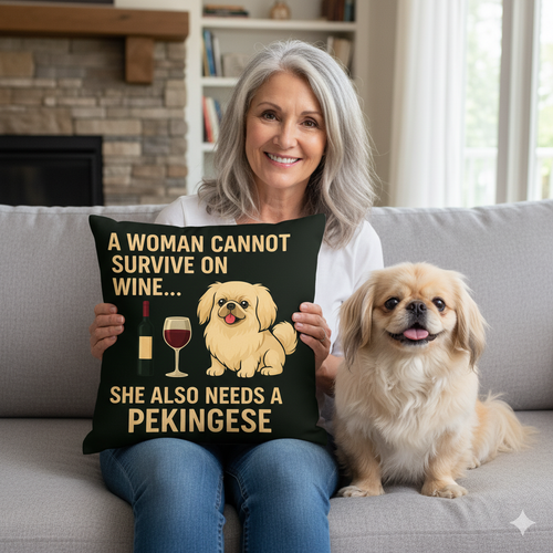 Personalized “A Woman Cannot Survive on Wine…” Pekingese Pillowcase-Home Decor-Dog Mom Gifts,Home Decor,Pekingese,Personalize Artwork,Pillows-1