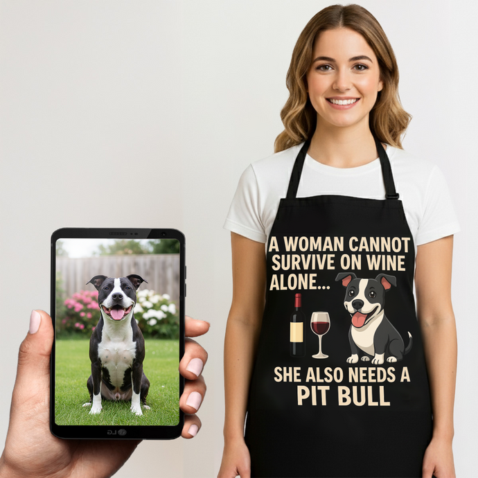 Personalized “A Woman Cannot Survive on Wine…” Pit Bull Apron-Personalized Dog Gifts-Accessories,Apron,Dog Mom Gifts,Personalize Artwork,Pit Bull-1