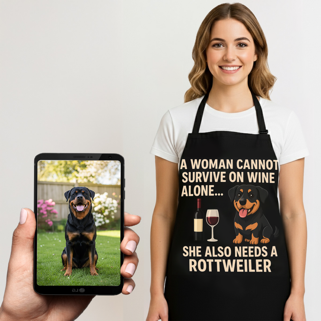 Personalized “A Woman Cannot Survive on Wine…” Rottweiler Apron-Personalized Dog Gifts-Accessories,Apron,Dog Mom Gifts,Personalize Artwork,Rottweiler-1