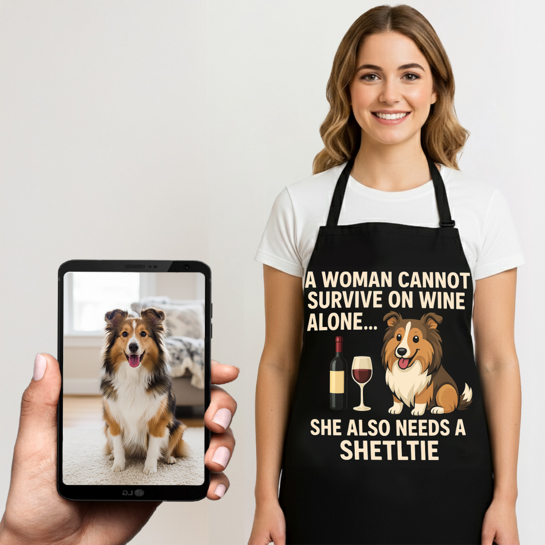 Personalized “A Woman Cannot Survive on Wine…” Sheltie Apron-Personalized Dog Gifts-Accessories,Apron,Dog Mom Gifts,Personalize Artwork,Rough Collie,Shetland Sheepdog-1
