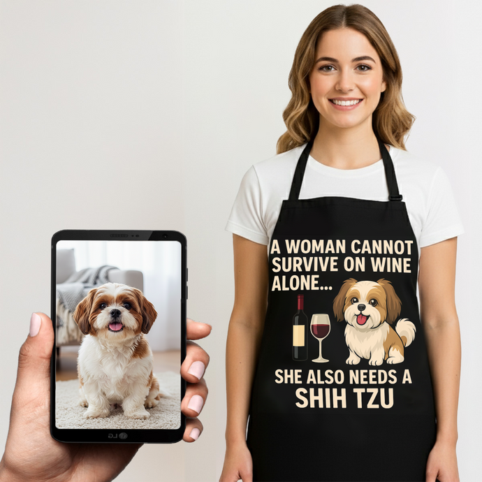 Personalized “A Woman Cannot Survive on Wine…” Shih Tzu Apron-Personalized Dog Gifts-Accessories,Apron,Dog Mom Gifts,Personalize Artwork,Shih Tzu-1