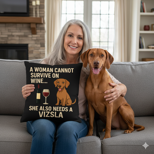 Personalized “A Woman Cannot Survive on Wine…” Vizsla Pillowcase-Home Decor-Dog Mom Gifts,Home Decor,Personalize Artwork,Pillows,Vizsla-1