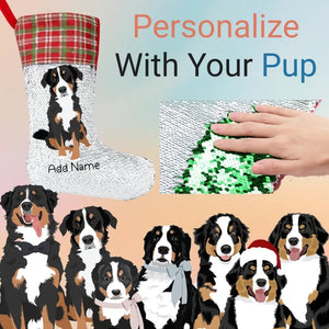 Personalized Bernese Mountain Dog Shiny Sequin Christmas Stocking-Christmas Ornament-Bernese Mountain Dog, Christmas, Home Decor, Personalized-Sequinned Christmas Stocking-Sequinned Silver White-One Size-1