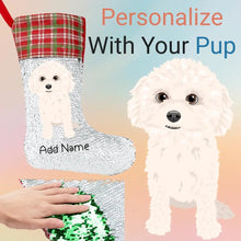 Load image into Gallery viewer, Personalized Bichon Frise Shiny Sequin Christmas Stocking-Christmas Ornament-Bichon Frise, Christmas, Home Decor, Personalized-Sequinned Christmas Stocking-Sequinned Silver White-One Size-1