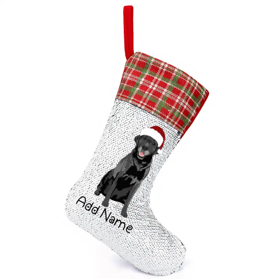 Personalized Black Labrador Shiny Sequin Christmas Stocking-Christmas Ornament-Black Labrador, Christmas, Home Decor, Labrador, Personalized-Sequinned Christmas Stocking-Sequinned Silver White-One Size-2