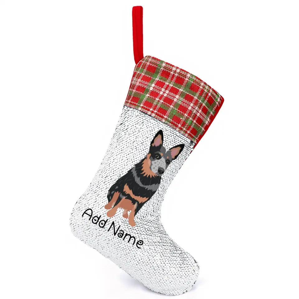 Personalized Blue Heeler Australian Cattle Dog Shiny Sequin Christmas Stocking-Christmas Ornament-Blue Heeler, Christmas, Home Decor, Personalized-Sequinned Christmas Stocking-Sequinned Silver White-One Size-2