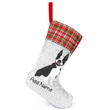Load image into Gallery viewer, Personalized Boston Terrier Shiny Sequin Christmas Stocking-Christmas Ornament-Boston Terrier, Christmas, Home Decor, Personalized-Sequinned Christmas Stocking-Sequinned Silver White-One Size-2