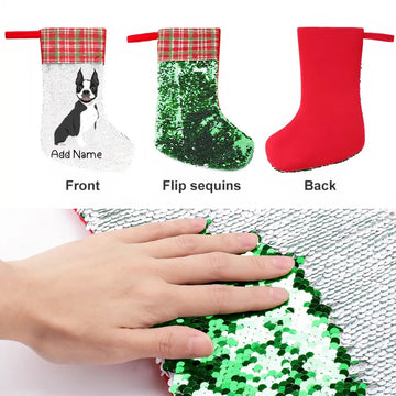 Personalized Boston Terrier Shiny Sequin Christmas Stocking-Christmas Ornament-Boston Terrier, Christmas, Home Decor, Personalized-Sequinned Christmas Stocking-Sequinned Silver White-One Size-3