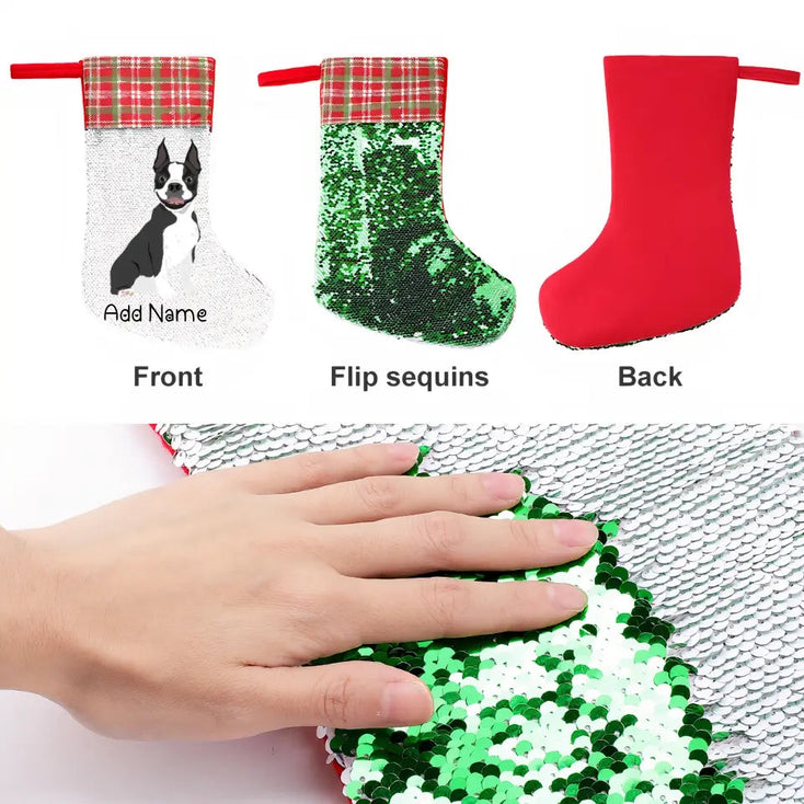 Personalized Boston Terrier Shiny Sequin Christmas Stocking-Christmas Ornament-Boston Terrier, Christmas, Home Decor, Personalized-Sequinned Christmas Stocking-Sequinned Silver White-One Size-3