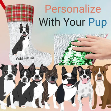Personalized Boston Terrier Shiny Sequin Christmas Stocking-Christmas Ornament-Boston Terrier, Christmas, Home Decor, Personalized-Sequinned Christmas Stocking-Sequinned Silver White-One Size-1