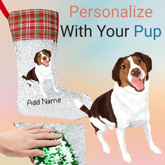 Personalized Brittany Spaniel Shiny Sequin Christmas Stocking-Christmas Ornament-Brittany Spaniel, Christmas, Home Decor, Personalized-Sequinned Christmas Stocking-Sequinned Silver White-One Size-1