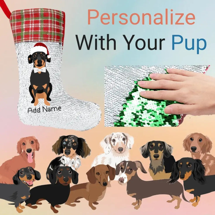Personalized Dachshund Shiny Sequin Christmas Stocking-Christmas Ornament-Christmas, Dachshund, Home Decor, Personalized-Sequinned Christmas Stocking-Sequinned Silver White-One Size-1