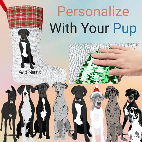 Personalized Great Dane Shiny Sequin Christmas Stocking