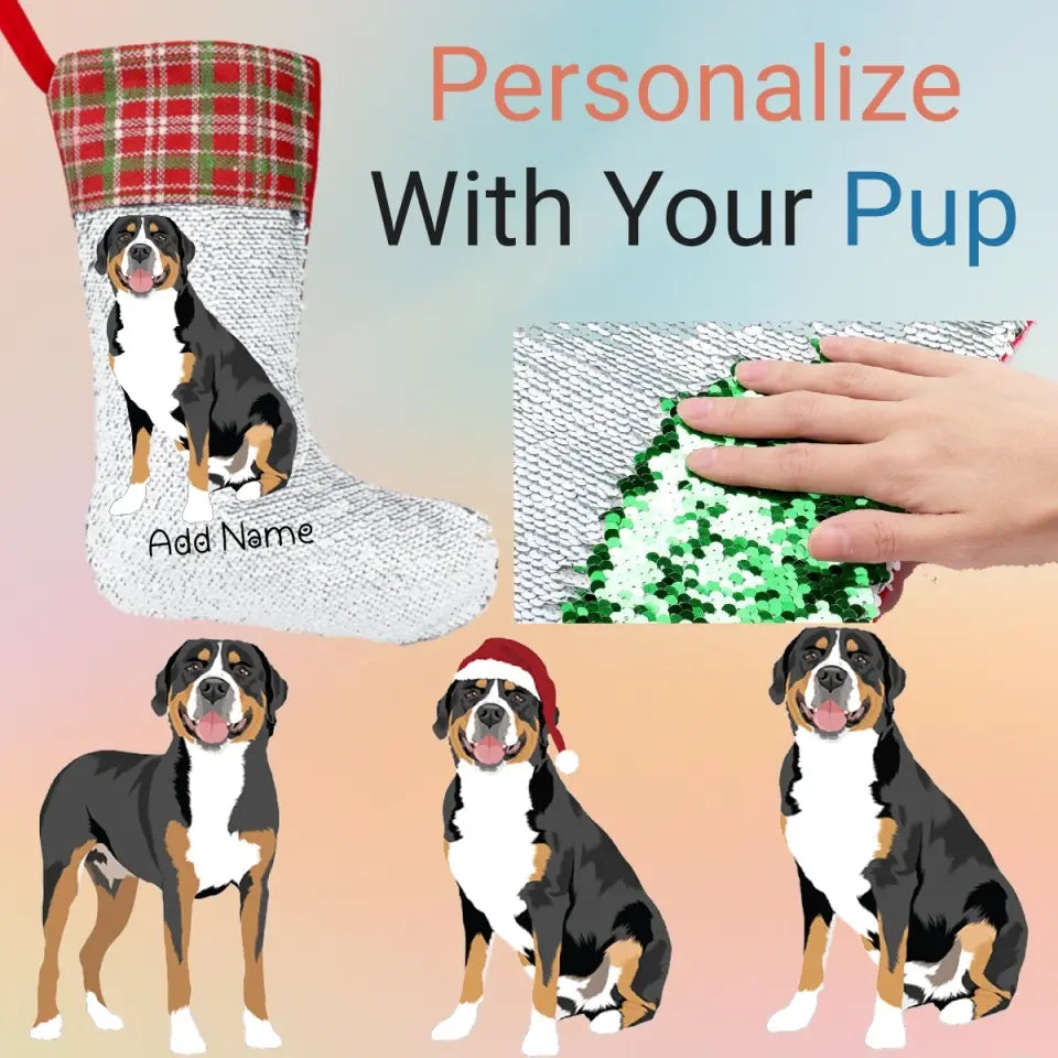 Personalized Greater Swiss Mountain Dog Shiny Sequin Christmas Stocking-Christmas Ornament-Christmas, Greater Swiss Mountain Dog, Home Decor, Personalized-Sequinned Christmas Stocking-Sequinned Silver White-One Size-1