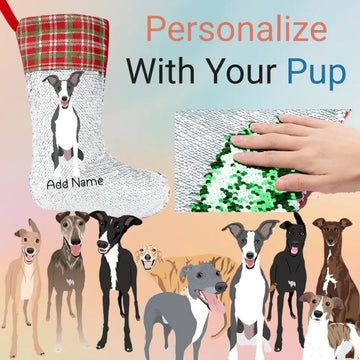 Personalized Greyhound Whippet Shiny Sequin Christmas Stocking 360x