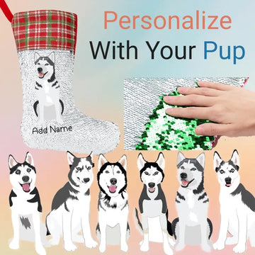 Personalized Husky Shiny Sequin Christmas Stocking 360x