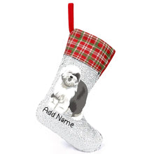 Load image into Gallery viewer, Personalized Old English Sheepdog Shiny Sequin Christmas Stocking-Christmas Ornament-Christmas, Home Decor, Old English Sheepdog, Personalized-Sequinned Christmas Stocking-Sequinned Silver White-One Size-2