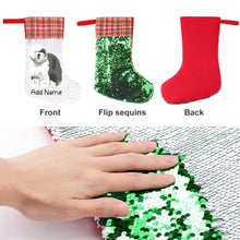 Load image into Gallery viewer, Personalized Old English Sheepdog Shiny Sequin Christmas Stocking-Christmas Ornament-Christmas, Home Decor, Old English Sheepdog, Personalized-Sequinned Christmas Stocking-Sequinned Silver White-One Size-3