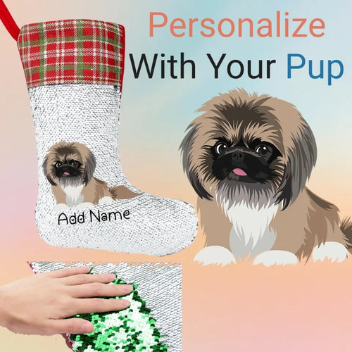Personalized Pekingese Shiny Sequin Christmas Stocking-Christmas Ornament-Christmas, Home Decor, Pekingese, Personalized-Sequinned Christmas Stocking-Sequinned Silver White-One Size-1