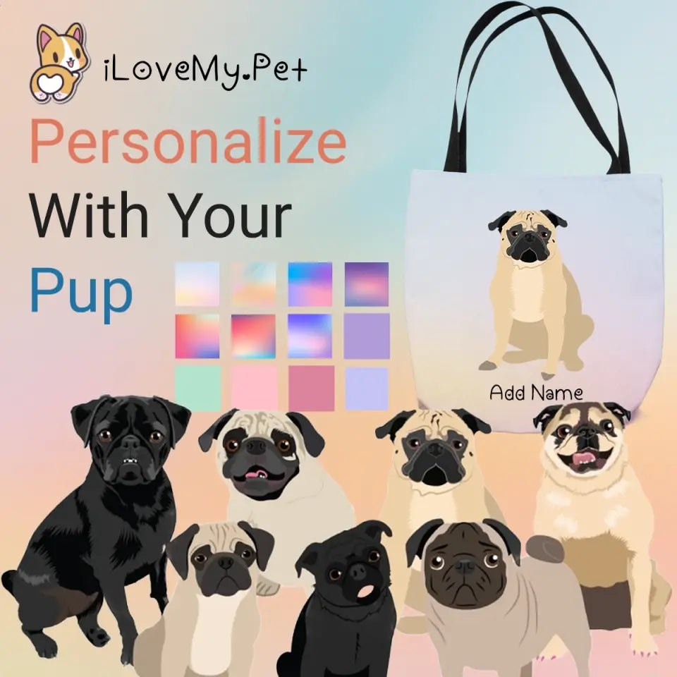 Pug Black Pattern Tote Bag, store All Over Print, Pug Dog Lover Gift