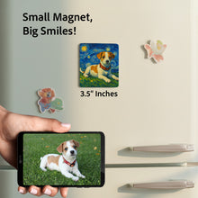Load image into Gallery viewer, Dog magnet on a refrigerator with text 'Small Magnet, Big Smiles!' and '3.5" Inches'.