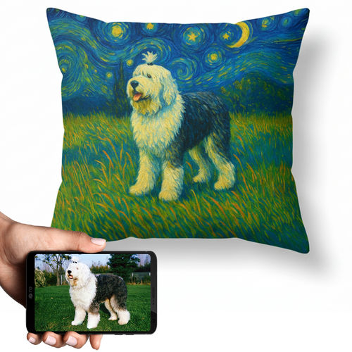 Personalized Starry Night Artwork Custom Old English Sheepdog Pillowcase-Home Decor-Dog Dad Gifts,Dog Memorial Gifts,Dog Mom Gifts,Home Decor,Old English Sheepdog,Personalize Artwork,Pillows-1