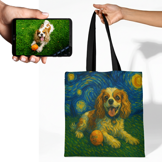 Personalized Starry Night Artwork King Charles Spaniel Canvas Tote Bags-Accessories-Accessories,Bags,Cavalier King Charles Spaniel,Dog Mom Gifts,Personalize Artwork-1