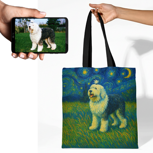 Personalized Starry Night Artwork Old English Sheepdog Canvas Tote Bags-Accessories-Accessories,Bags,Dog Mom Gifts,Old English Sheepdog,Personalize Artwork-1