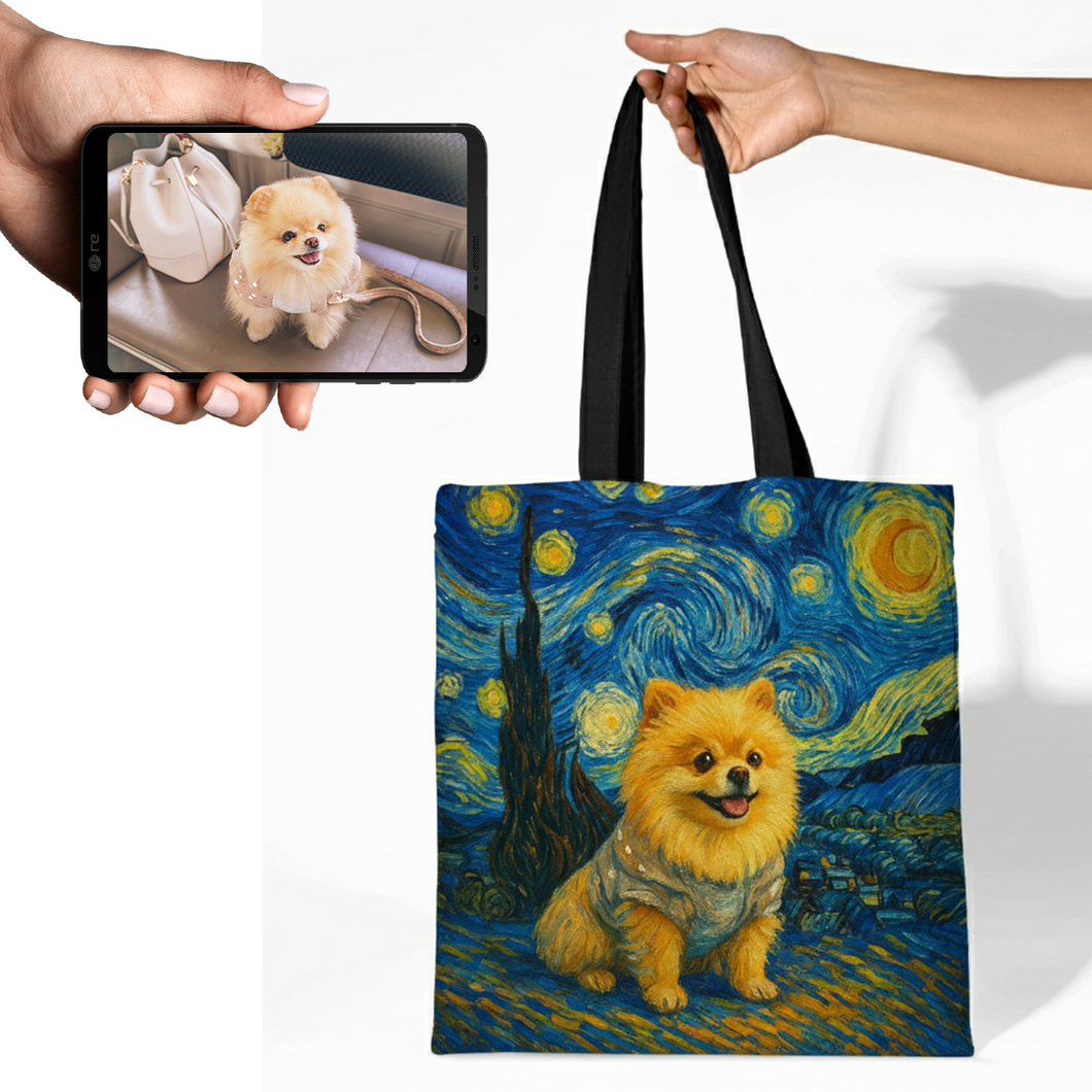 Personalized Starry Night Artwork Pomeranian Canvas Tote Bags-Accessories-Accessories,Bags,Dog Mom Gifts,Personalize Artwork,Pomeranian-1