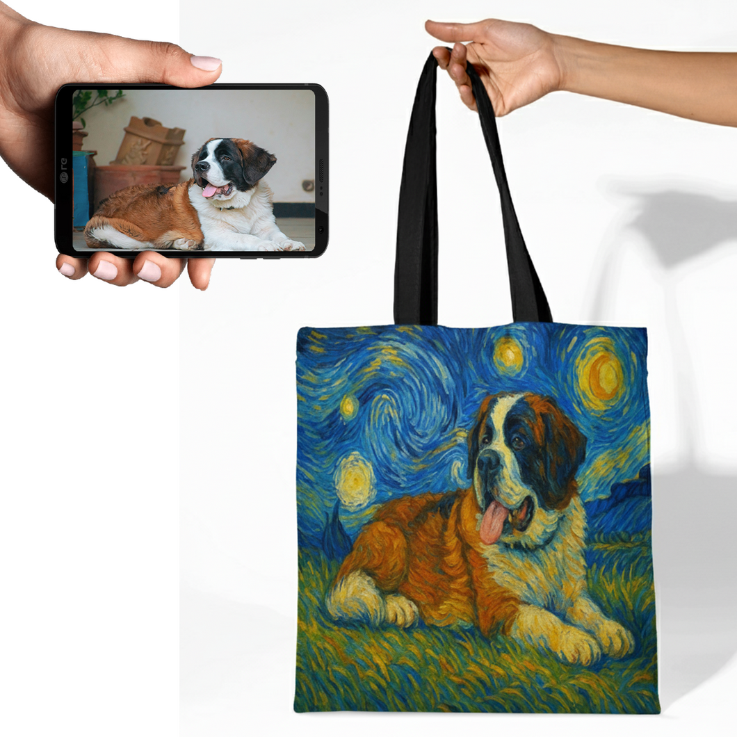 Personalized Starry Night Artwork Saint Bernard Canvas Tote Bags-Accessories-Accessories,Bags,Dog Mom Gifts,Personalize Artwork,Saint Bernard-1