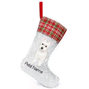 Personalized Westie Shiny Sequin Christmas Stocking-Christmas Ornament-Christmas, Home Decor, Personalized, West Highland Terrier-Sequinned Christmas Stocking-Sequinned Silver White-One Size-2