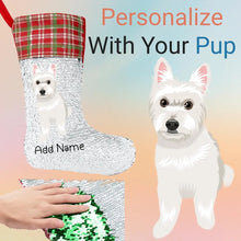 Load image into Gallery viewer, Personalized Westie Shiny Sequin Christmas Stocking-Christmas Ornament-Christmas, Home Decor, Personalized, West Highland Terrier-Sequinned Christmas Stocking-Sequinned Silver White-One Size-1