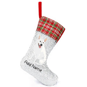 Personalized White Swiss Shepherd Shiny Sequin Christmas Stocking-Christmas Ornament-Christmas, Home Decor, Personalized, White Swiss Shepherd-Sequinned Christmas Stocking-Sequinned Silver White-One Size-2