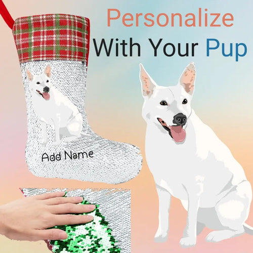 Personalized White Swiss Shepherd Shiny Sequin Christmas Stocking-Christmas Ornament-Christmas, Home Decor, Personalized, White Swiss Shepherd-Sequinned Christmas Stocking-Sequinned Silver White-One Size-1