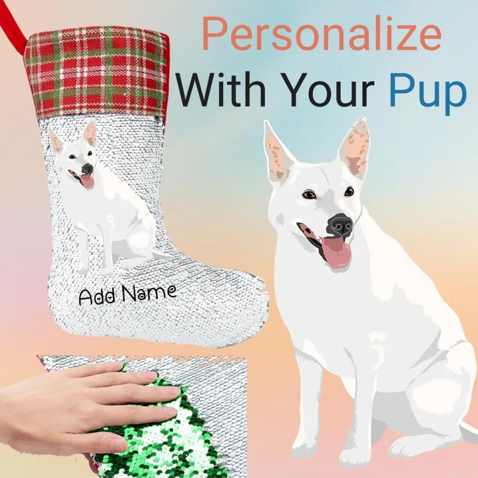 Personalized White Swiss Shepherd Shiny Sequin Christmas Stocking-Christmas Ornament-Christmas, Home Decor, Personalized-Sequinned Christmas Stocking-Sequinned Silver White-One Size-1