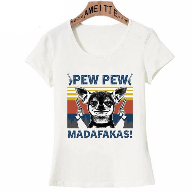 Image of a Chihuahua t-shirt featuring a super-cute black and white Chihuahua with guns in his hands and the text which says 